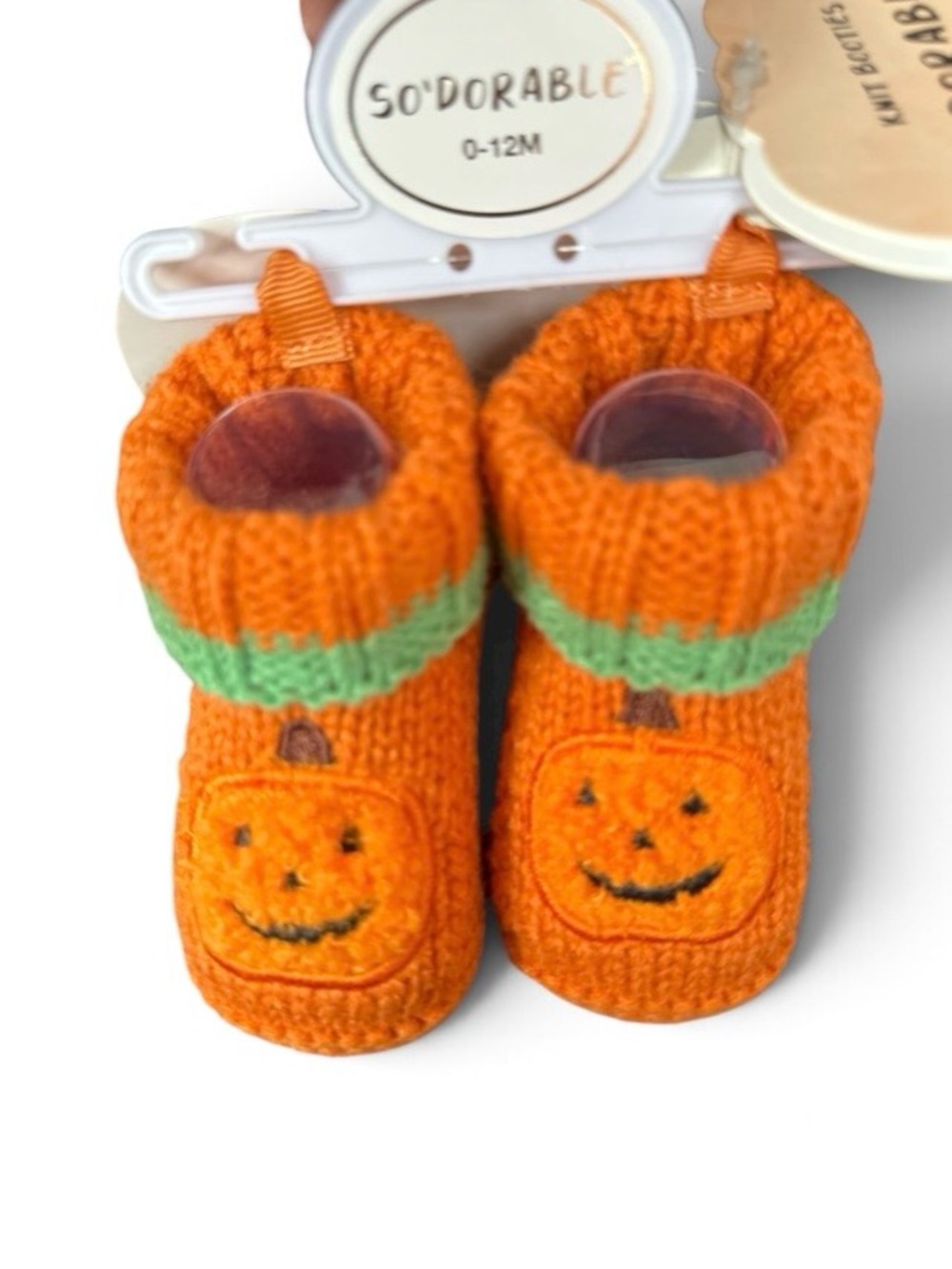 Orange Pumpkin Knit Baby Booties with Green Trim